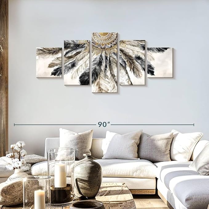 ElephantStock - Necklace Of Feathers Iii Wall Art - Horizontal Multi Panel Canvas - 5 Piece Living Room Wall Decor - Painting Multi Piece Wall Art - Brown And Gray Decor by Eva Watts - 68" x 30"