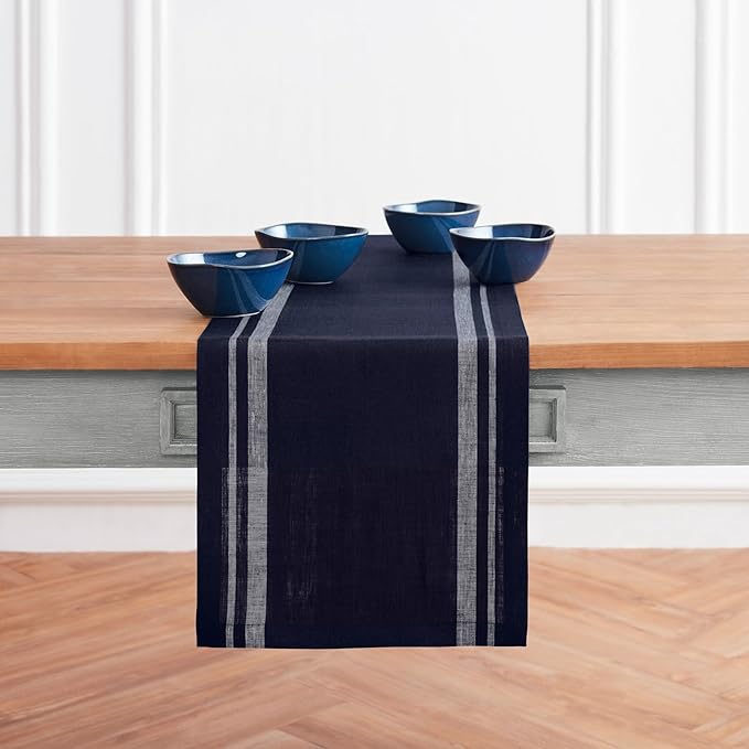 Solino Home Linen Table Runner 72 Inches Long - 100% Pure Linen White and Navy French Stripe Table Runner 14 x 72 Inch for Dining, Dresser, Christmas, Holiday, Winter, New Year