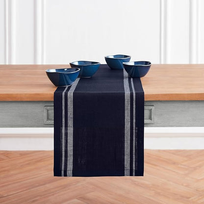 Solino Home Linen Table Runner 60 Inches - 100% Pure Linen White and Navy French Stripe Table Runner 14 x 60 Inch Ideal for Dresser and Coffee Tables - Christmas, Holiday