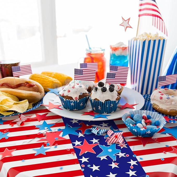 Oudain 6 Pcs Veteran Day Tablecloth 84 Inch Plastic American Flag Tablecloths Disposable 4th of July Table Cover for Veterans Memorial Independence Day Patriotic Party Supplies (Stripe)