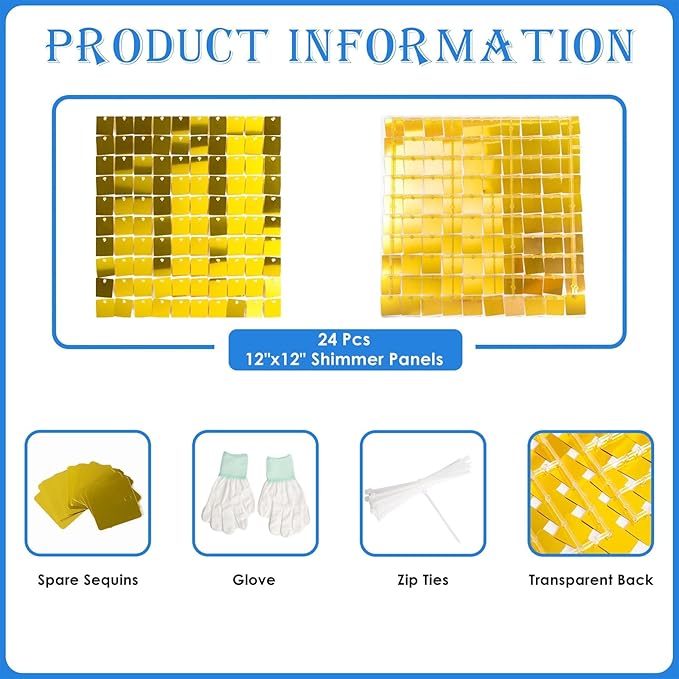 Shimmer Wall Backdrop Gold Square Sequin Wall Panel Backdrop Decor for Wedding, Anniversary, Birthday, Party, 24 Panels