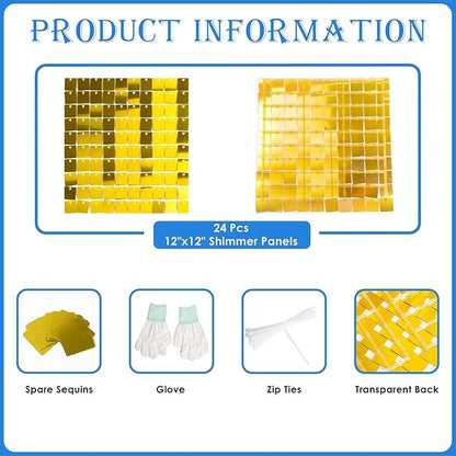 Shimmer Wall Backdrop Gold Square Sequin Wall Panel Backdrop Decor for Wedding, Anniversary, Birthday, Party, 24 Panels