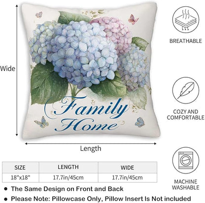 Hydrangea Throw Pillow Covers Set of 2 | 18x18 Inches Cushion Cases for Couch, Sofa, Bedroom and Living Room | Floral Pillowcases for Home Decoration