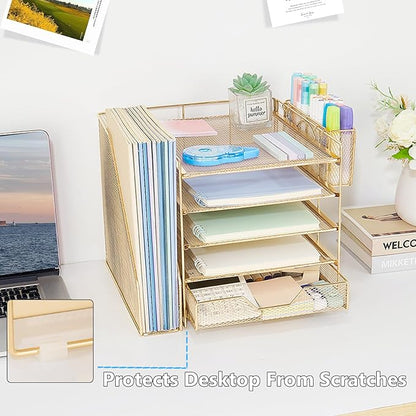 Desk Organizer, 5-Tier Paper Letter Tray Organizer with File Holder, Drawer and Pen Holder, Desktop Organizer for Office Supplies, Gold