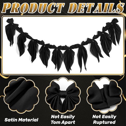 VitalCozy 1 Pcs Black Bow Garland Banner, Halloween Satin Ribbon Hanging Party Bow Garland Decoration for Birthday Wedding Halloween Party Supplies