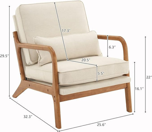 Bonnlo Fine Linen Beige Mid Century Modern Accent Chair, Soild Wood Padding Lounge Armchairs Side Sitting Chairs for Living Room, Bedroom, Guest Room