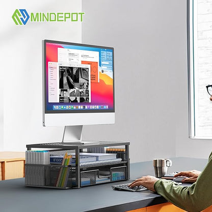 2 Tier Computer Monitor Stands with Drawer and 2 Pencil Holder, Metal Monitor Stand, Office Desk Accessories Workspace Desktop Organizers for Office Supplies, Black