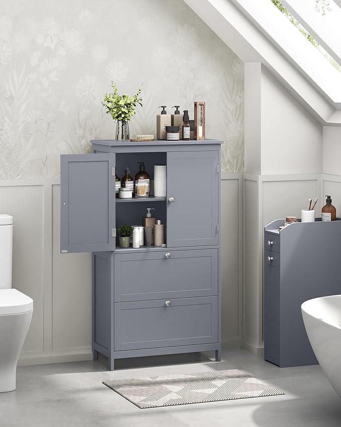 VASAGLE Floor Storage Cabinet, Freestanding Storage Unit with 2 Drawers and 2 Doors, Adjustable Shelf, 11.8 x 23.6 x 43.3 Inches, for Entryway, Bathroom, Dove Gray UBBC551G02V2