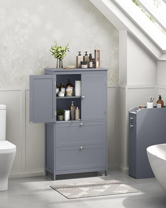 VASAGLE Floor Storage Cabinet, Freestanding Storage Unit with 2 Drawers and 2 Doors, Adjustable Shelf, 11.8 x 23.6 x 43.3 Inches, for Entryway, Bathroom, Dove Gray UBBC551G02V2