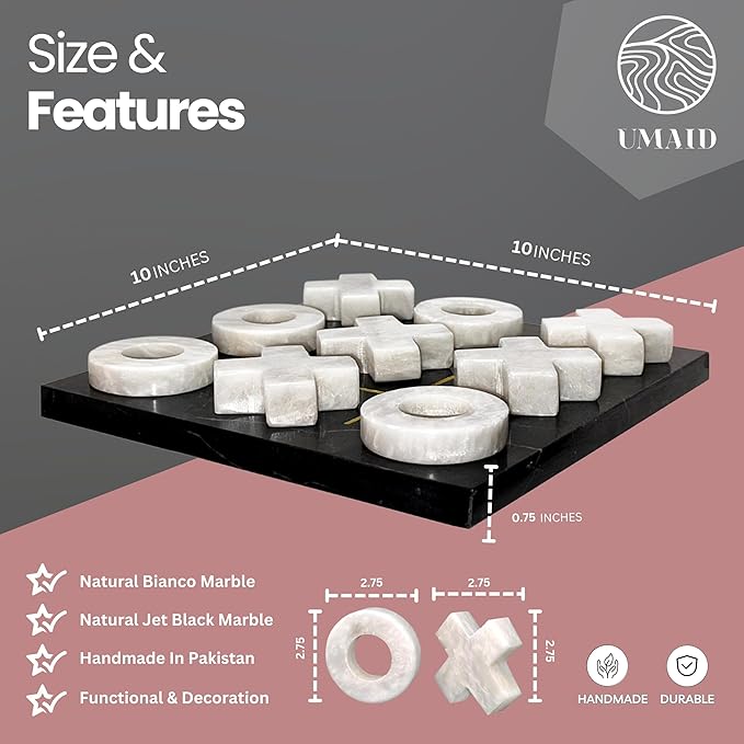 UMAID Luxury Marble Tic Tac Toe Game, Handcrafted 10" Onyx Board in Velvet Box, Solid Marble Set, Each Piece is Unique, Elegant Coffee Table or Office Decor, Unique Gift for Men, Women, Game Lovers