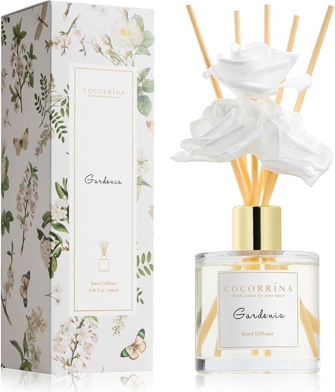 Cocorrína Reed Diffuser Set,6.7oz (200ml) Gardenia Scented Diffuser with 3 White Rose Foam Flowers & Cotton Sticks, Home Fragrance Reed Diffuser for Bathroom Shelf Decor