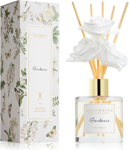 Cocorrína Reed Diffuser Set,6.7oz (200ml) Gardenia Scented Diffuser with 3 White Rose Foam Flowers & Cotton Sticks, Home Fragrance Reed Diffuser for Bathroom Shelf Decor