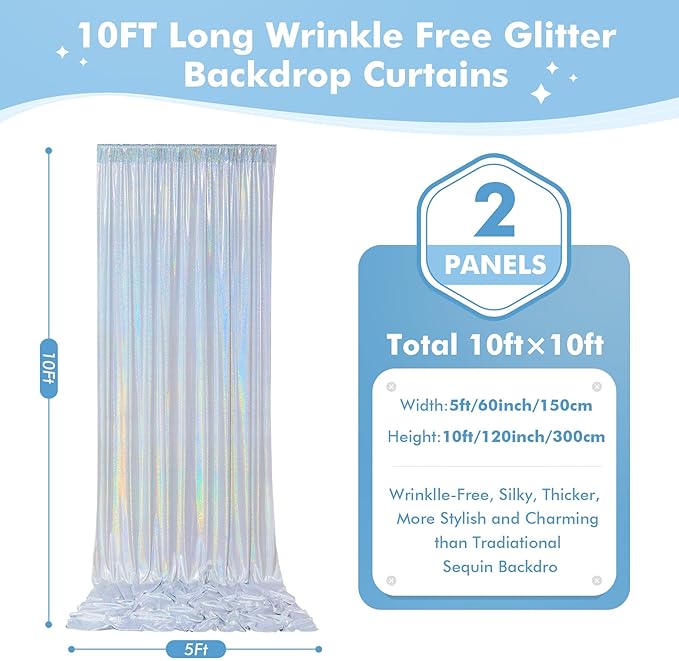 10x10ft Shimmer Silver Sequin Backdrop Curtain for Parties-2 Panels 5x10ft Thick Wrinkle Free Glitter Coloful Backdrop Drapes Photo Back Drop Curtains for Wedding Birthday Photography Background Cloth