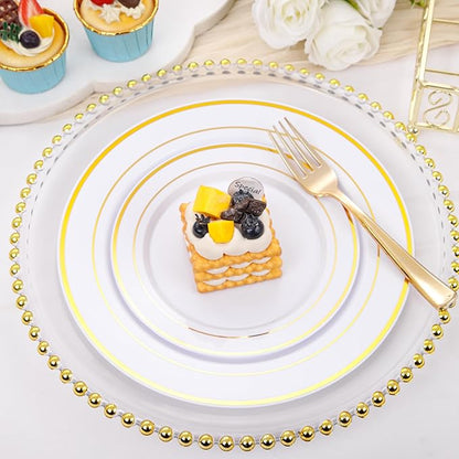 bUCLA 600Pcs White and Gold Plastic Plates - Gold Disposable Dinnerware Set for 100 Guests Include 100 Dinner & 100 Dessert Plates, 100 Cups, 100 Forks, 100 Spoons, 100 Knives for Party