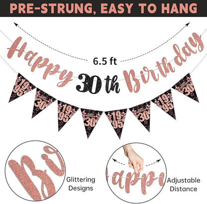 30th Birthday Decorations for Her, Black Rose Gold Happy 30th Birthday Banner Hanging Swirls Vintage 1995 Decorations Kit for Women Cheers to 30 Party Supplies
