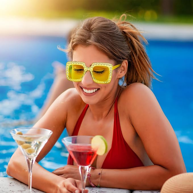 Pibupibu 12/24 Pack Fun Oversized Square Crystal Sunglasses for Women Bulk, Disco Rhinestone Sparkling Glasses Party Favors