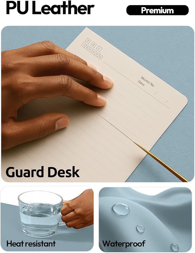 YSAGi Leather Desk Protector, Office Mat, Large Mouse Mat, Non-Slip PU Leather Blotter, Laptop Desk Pad, Waterproof Writing Pad for Office and Home (Ice Blue, 31.5" x 15.8")