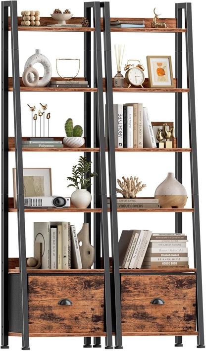 Furologee Bookshelf Set of 2, 6-Tier Ladder Shelf, Ladder Bookshelf with Drawer, Set of 2 Bookshelves, Metal Storage Shelf for Living Room, Home Office, Bedroom, Balcony,Kitchen, Rustic Brown