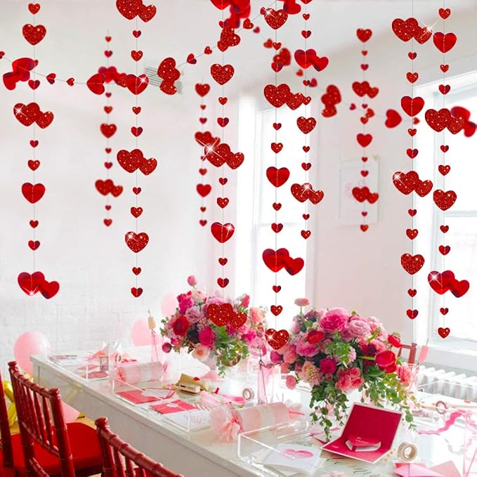 pinkblume Valentines Day Party Decoration Red Heart Garland Metallic Glitter Hanging Heart Streamer Banner for Anniversary Mother's Day Engagement Wedding Bridal Shower Bachelorette Hen Party Supplies
