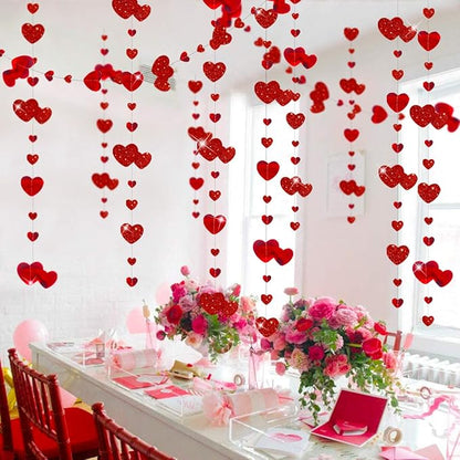 pinkblume Valentines Day Party Decoration Red Heart Garland Metallic Glitter Hanging Heart Streamer Banner for Anniversary Mother's Day Engagement Wedding Bridal Shower Bachelorette Hen Party Supplies