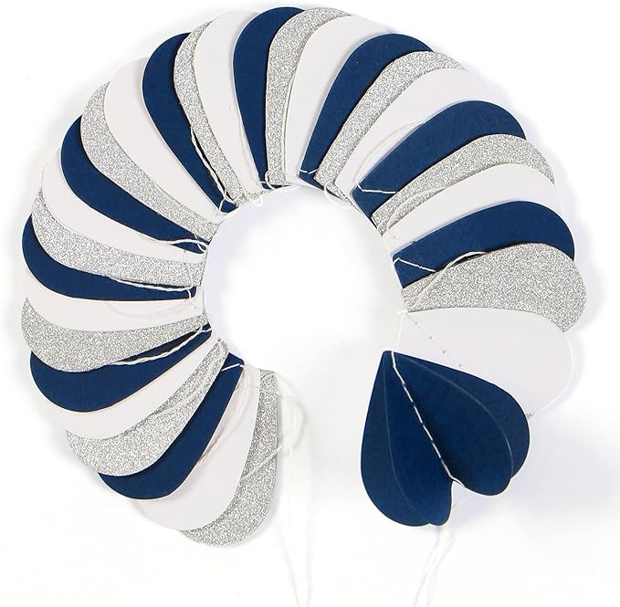 Navy-Blue White Silver 3D-Heart Garland - 39Ft Graduation Hanging Decoration Streamers Banner,Bridal Birthday Engagement Bachelorette Baby Shower Christmas Baby Shower Valentines Party Decor Ouruola