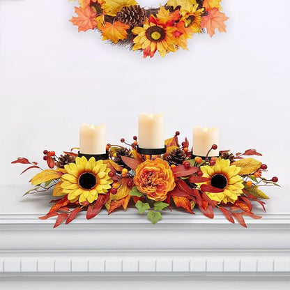 Thanksgiving Centerpiece Fall Table Decorations, Artificial Sunflowers, Peony, Berries, Pine Cones and Autumn Leaves Harvest Table Candelabrum for Fireplace Mantel (Candle Not Included)