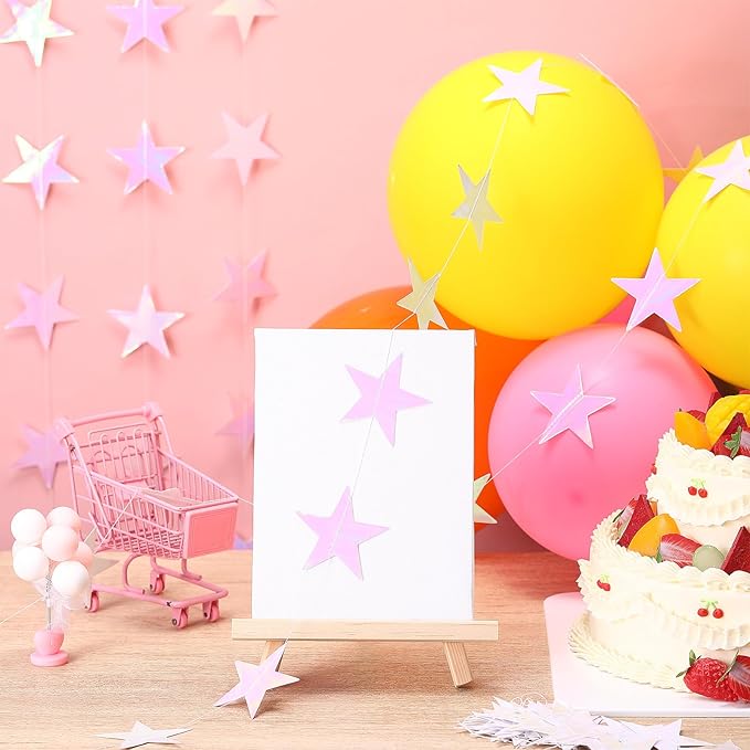Patelai Glitter Star Garland Banner Christmas Decor 130 Feet Star Hanging Bunting Banner Twinkle Backdrop for Homecoming Classroom Wedding Birthday Halloween Party Supplies(Iridescent Pink)