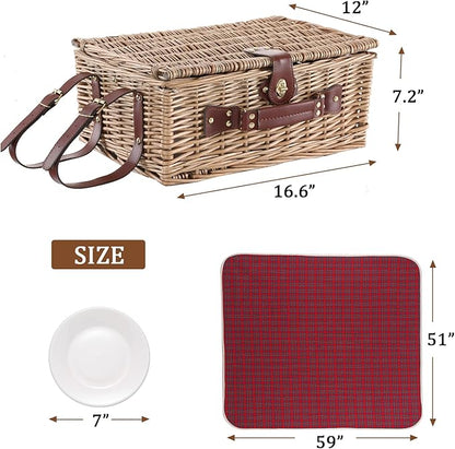 Wicker Picnic Basket for 4 with Waterproof Picnic Blanket and Insulated Cooler, Willow Hamper for Camping, Outdoors, Photoshoot, or a Birthday, Valentine’s Day, Wedding Gift