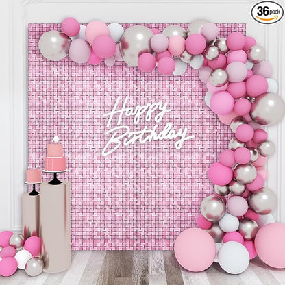 Shimmer Wall Backdrop Pink Iridescent Square Sequin Wall Panel Backdrop Decor for Wedding, Anniversary, Birthday, Party, 36 Panels
