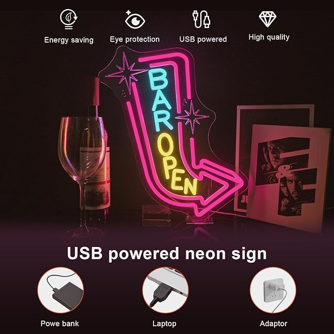 Lucunstar Bar Open Neon Sign Colorful LED Bar for Wall Decor Dimmable USB Powered Neon Lights for LED for Bussness Man Cave Art Wall Decor