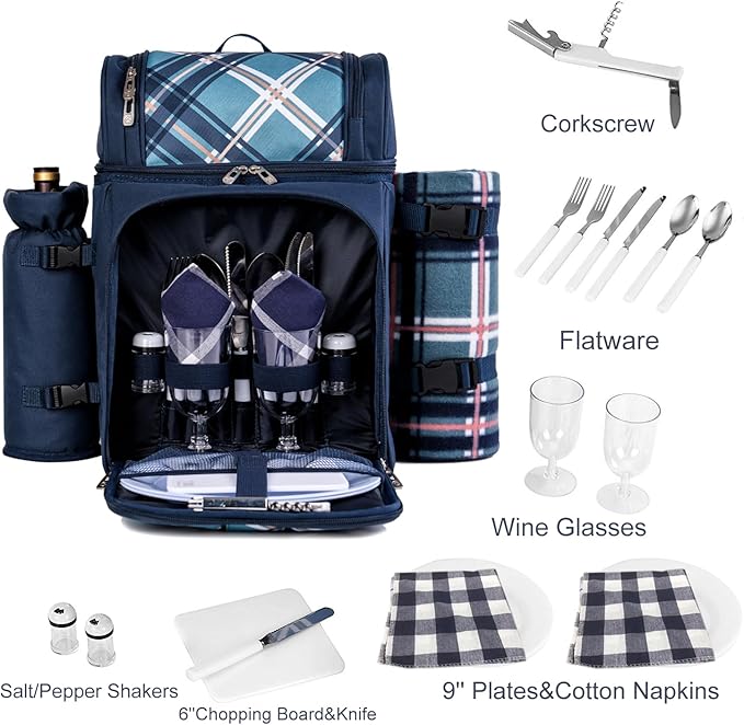 ALLCAMP 2-Person Picnic Backpack with Insulated Cooler, Detachable Wine Holder, Fleece Blanket & Full Picnic Set for Outdoor, Family, Couples (Blue)