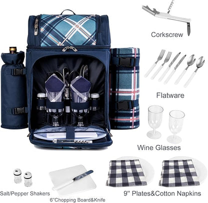 ALLCAMP 2-Person Picnic Backpack with Insulated Cooler, Detachable Wine Holder, Fleece Blanket & Full Picnic Set for Outdoor, Family, Couples (Blue)