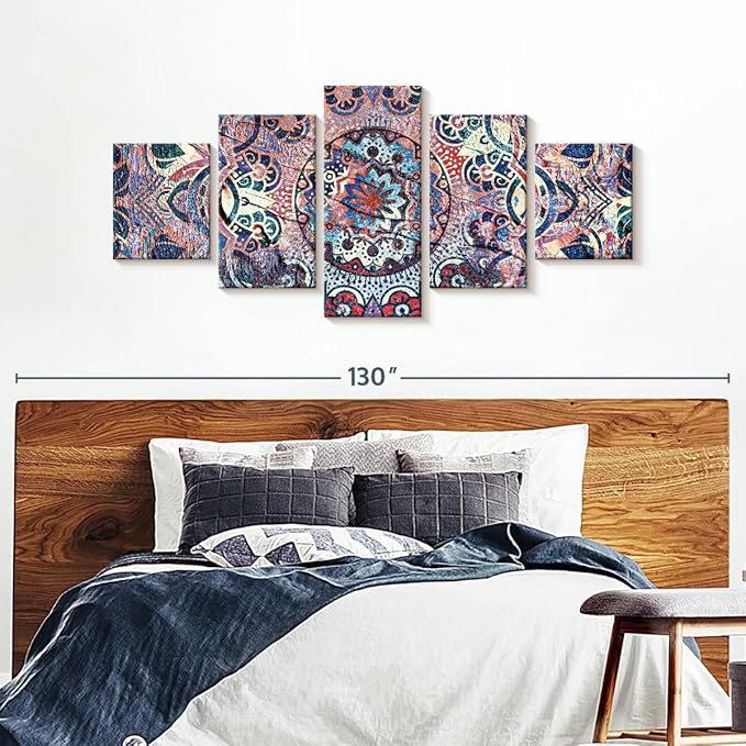 ElephantStock - Mandala Enchantment Wall Art - Horizontal Multi Panel Canvas - 5 Piece Living Room Wall Decor - Digital Art Elements Multi Piece Wall Art - Blue And Beige Decor - 92" x 42"