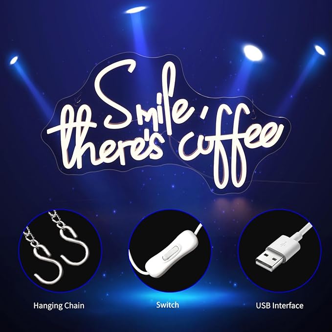 Smile There's Coffee Neon Sign, Neon Signs for Wall Decor Neon LED Signs Room Neon Light Up Signs Home Decor