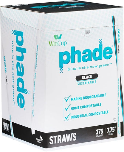 phade Jumbo Eco-Friendly Drinking Straws – 7.75" Black With Blue Stripe 375 Count Wrapped – Marine Biodegradable Compostable Non-Toxic Made In USA, 1 Pack