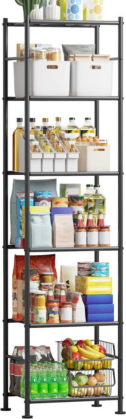 Storage Shelves - 6 Tier Shelf Organizer, Sturdy Metal Garage Shelving with Adjustable Leveling Feet, Space-Saving Shelves Organizer for Pantry, Laundry, Kitchen (18" x 12" x 70", Black)