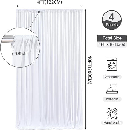 16 x 10ft White Backdrop Curtains for Wedding Photo Background Curtains Wrinkle Resistant Back Drop for Party Photoshoot Polyester Curtains Backdrop for Baby Shower Birthday Events Decor, 4 Panels