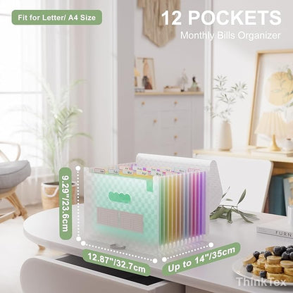 ThinkTex Accordion File Organizer, 12 - Pocket Expanding File Folders for Paper Receipts, Bills & Taxes Organizer, Letter/A4 Size Document Holder for School, Office, Home with Colorful tabs- Green