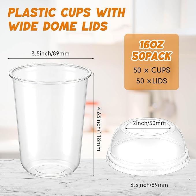 50 Set Clear Plastic Cups with Wide Dome Lids Dessert Cups with Large Hole Dome Lids Disposable Party Drink Mugs for Smoothies Iced Coffee Bubble Tea Slushies Parfaits, and More(16oz)