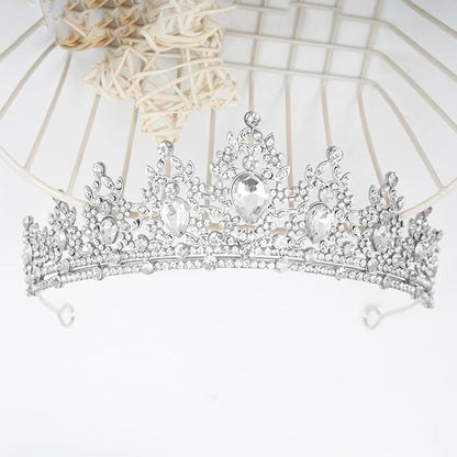 WOVOWOVO Princess Crown Queen Birthday Tiara for Women Girls, Silver Crystal Tiaras and Crowns Headband Hair Accessories for Bride Wedding Halloween Costume Party Prom Christmas Gifts