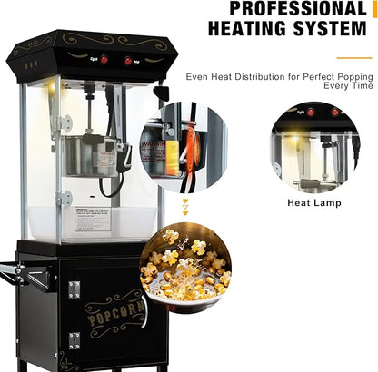 Movie Theater Popcorn Maker Machine, Professional with 8oz Kettle & Cart Makes 32 Cups, Vintage Style on Wheels for Home & Commercial Use, Includes shovel & spoon, Black