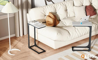 QEEIG Narrow C Shaped Side Table Set of 2 Living Room Sets Slim Couch Tray Tables Skinny Thin Small Modern 7 inch Width, White and Black (017-18WB)