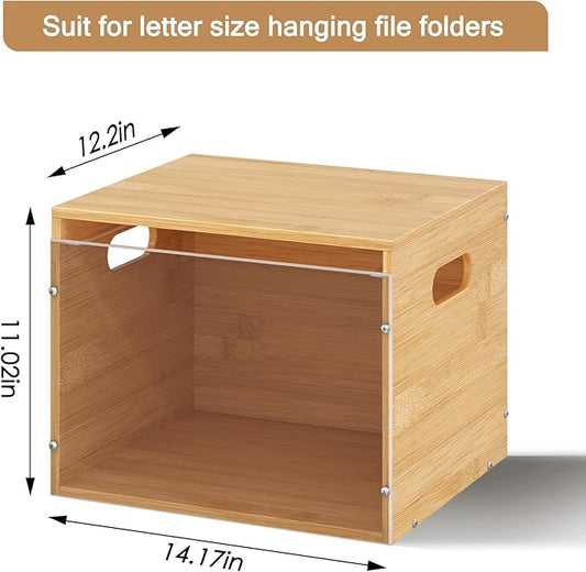 Acrylic File Organizer with Lid, Bamboo File Box with Handle, Hanging File Folder Organizer, Portable Filing Organizer File Crate Storage Box for Home Office Classroom, Letter Size