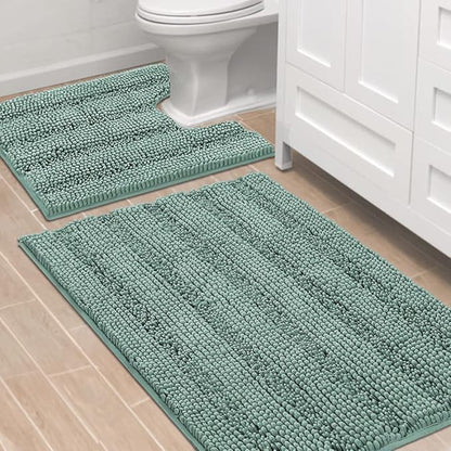 H.VERSAILTEX Bathroom Rugs Bath Rug Set 2 Piece Bathroom Contour Rug Toilet Mat Sets Non Slip Contour Bath Rug Ultra Thick Water Absorbent Striped Bath Mats(36" x 24" Plus 20" x 24" U, Eggshell Blue)