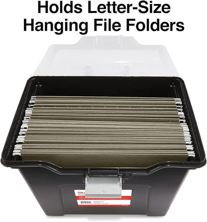 STAPLES File Folder Tote, Portable Filing Box for Letter SIze Hanging Folders, Security Latch & Built-In Lid Organizer, Black/Clear