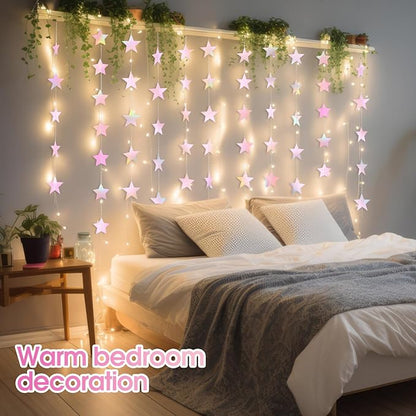 Patelai Glitter Star Garland Banner Christmas Decor 130 Feet Star Hanging Bunting Banner Twinkle Backdrop for Homecoming Classroom Wedding Birthday Halloween Party Supplies(Iridescent Pink)