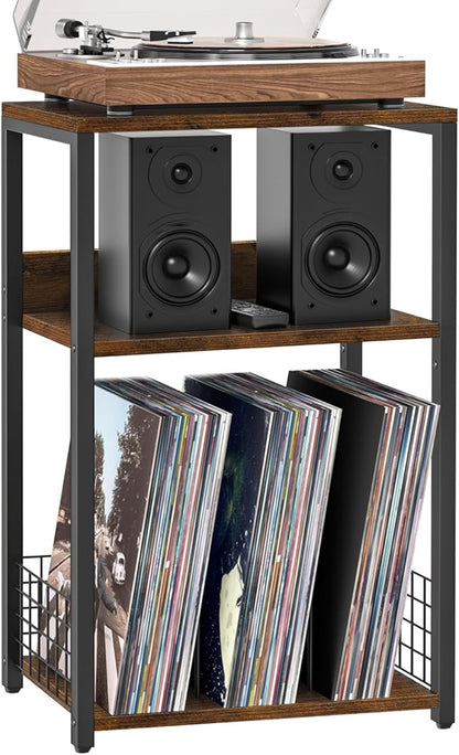 LELELINKY Large Brown Record Player Stand, 3 Tier 18" Wide Big End Table with Vinyl Storage Up to 130 Albums, Industrial Turntable Printer Tables, Modern Side Tables for Living Room, Bedroom, Office