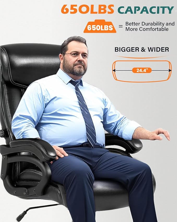 BOSMILLER 650lbs Large Big and Tall Office Chair for Heavy People with Adjustment Lumbar Support, Comfy Padded Heavy Duty Leather Executive Office Chair with Quiet Rubber for Adults 8 Hours Daliy Work