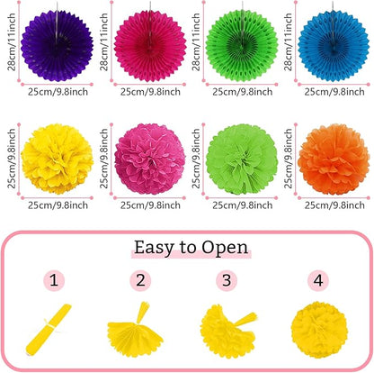 Fiesta Party Decorations, Multicolored Paper Pompoms Fan Garlands for Mexican Party Cinco De Mayo Luau Event Birthday Holi Decorations Colorful Rainbow Party Supplies