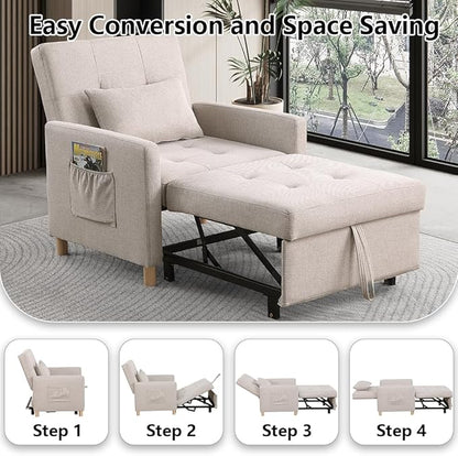 Convertible Sleeper Chair,Pull-Out Sofa Bed with Adjustable Backrest, Multi-Functional Lounge Chair for Living Room, Space-Saving Modern Accent Furniture (Beige)